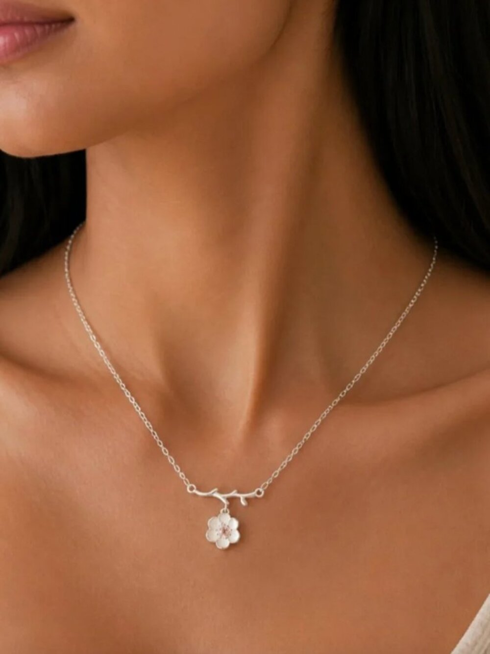 925 Sterling Silver Flower Necklace Dainty Minimalist Necklace White & Pink